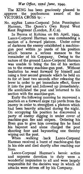 Citation Lance-Corporal John Pennington Harman VC Battle of Kohima